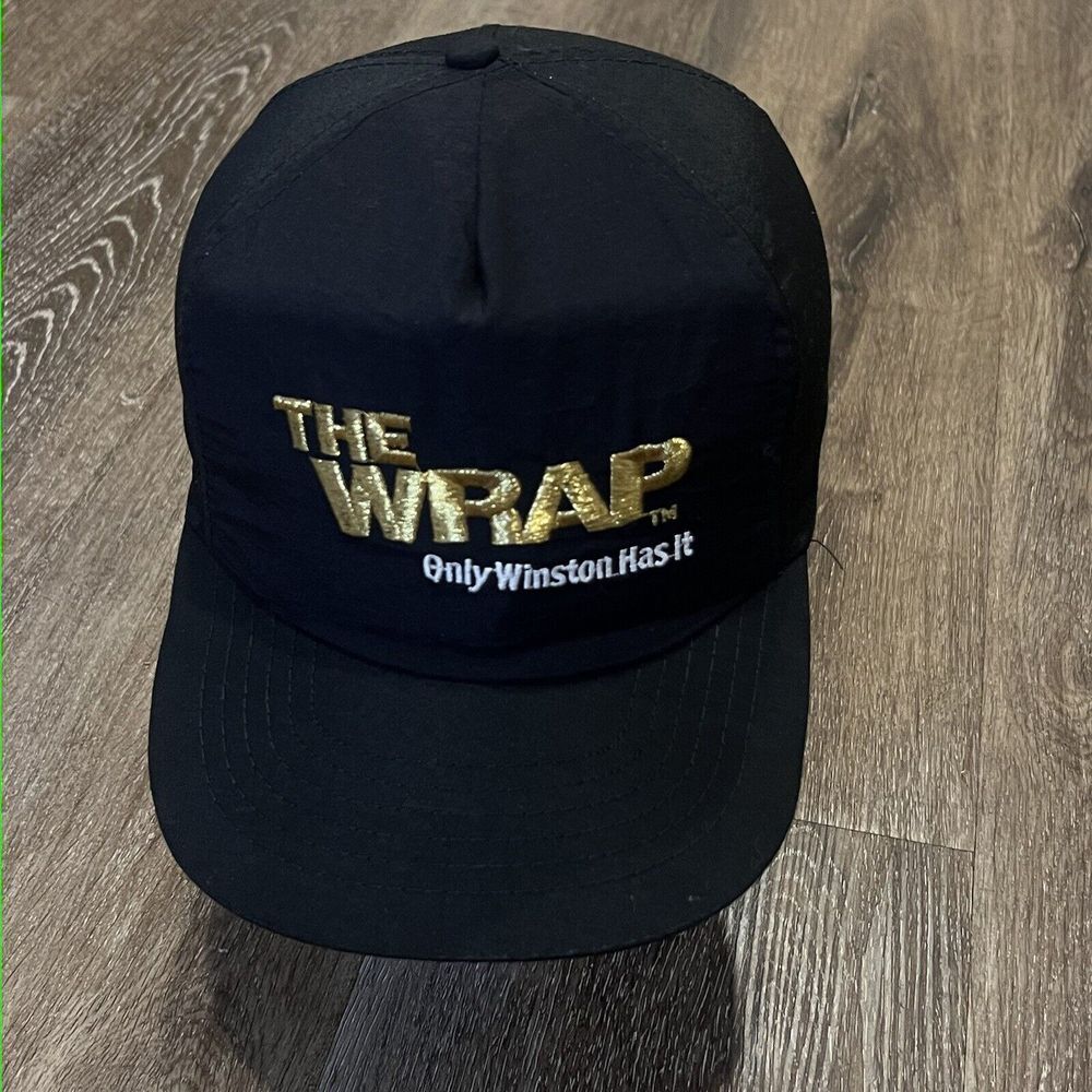 Vintage Winston Cigarette Snapback Hat Black Gold Nylon Trucker Promo Logo Ad